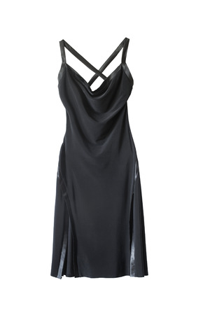 Black silk formal dress with open back isolated over whiteの写真素材