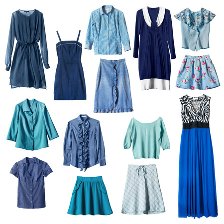 Set of blue female clothes on white backgroundの写真素材