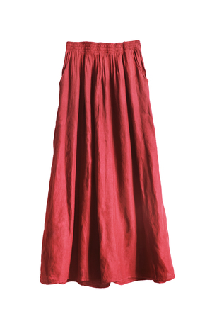 Red draped silk maxi skirt on white backgroundの写真素材