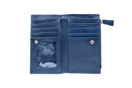 Opened empty blue wallet isolated over whiteの写真素材