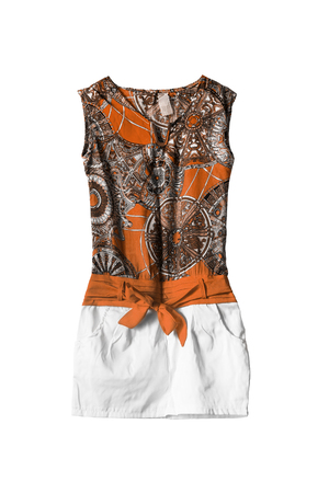 Silk orange ethnic mini dress on white backgroundの写真素材