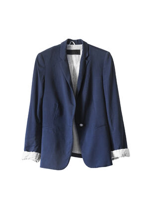 Blue uniform jacket on white backgroundの写真素材