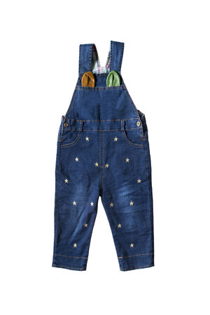 Baby jeans coverall on white backgroundの写真素材