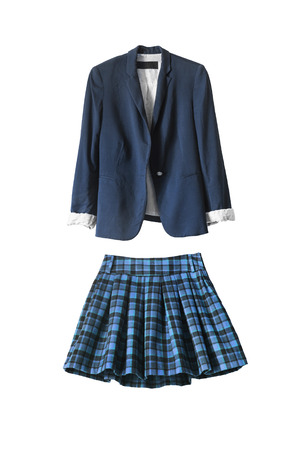 Blue school uniform jacket and skirt on white backgroundの写真素材