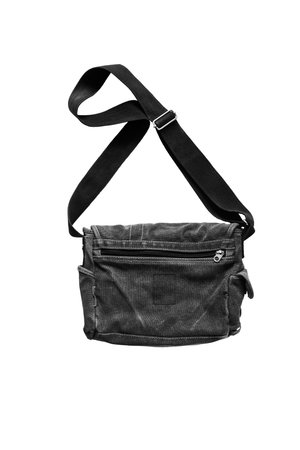 Gray textile sport shoulder bag isolated over whiteの写真素材