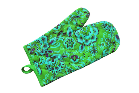 Greem ornamental quilted oven-glove isolated over whiteの写真素材