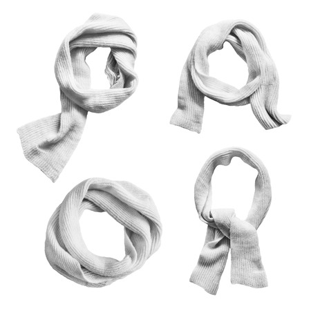 Set of knotted wool white scarves on white backgroundの写真素材