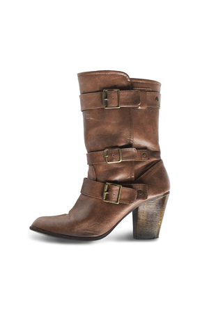 Brown leather western boot on white backgroundの写真素材