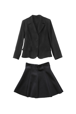 Black jacket and skirt suit on white backgroundの写真素材