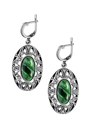 Vintage silver malachite earrings isolated over whiteの写真素材