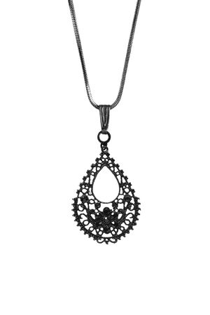 Black lacy pendant on white backgroundの写真素材