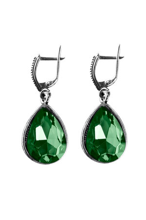 Vintage emerald earrings on white backgroundの写真素材