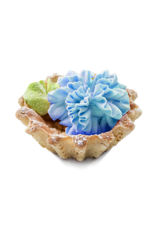 Cake with blue cream on white backgroundの写真素材