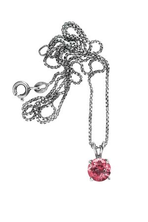 Ruby pendant on silver chain isolated over whiteの写真素材
