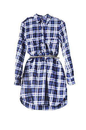 Tartan blue dress with a belt isolated over whiteの写真素材