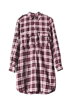 Red plaid shirt dress on white backgroundの写真素材