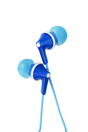 Blue wired earphones on white backgroundの写真素材