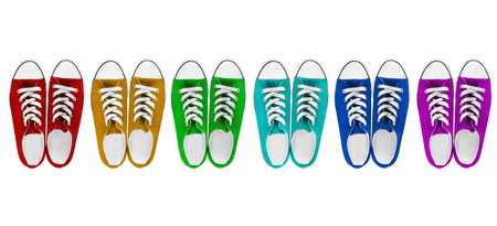 Six pairs of colorful gumshoes on white backgroundの写真素材