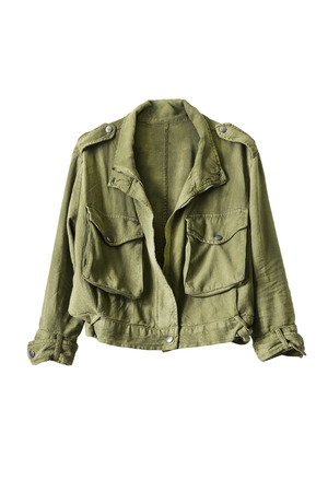 Military green jacket isolated over whiteの写真素材
