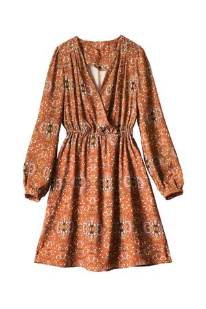 Ornamental terracotta silk dress on white backgroundの写真素材