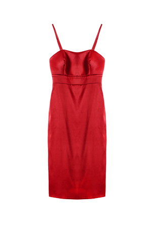 Red satin cocktail dress on white backgroundの写真素材