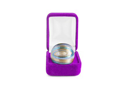 Beautiful ring in jewel box on white backgroundの写真素材