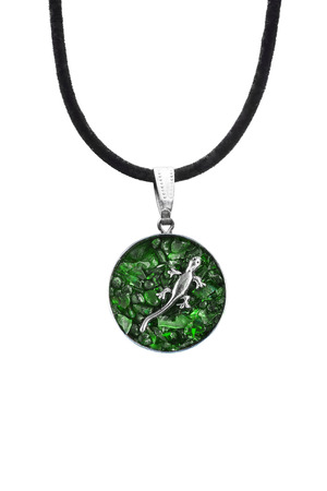 Emerald medallion with silver lizard isolated over whiteの写真素材