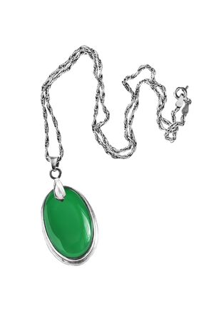 Emerald medallion on silver chain isolated over whiteの写真素材