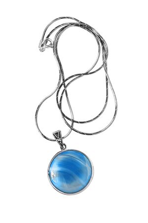 Aquamarine medallion on silver chain isolated over whiteの写真素材