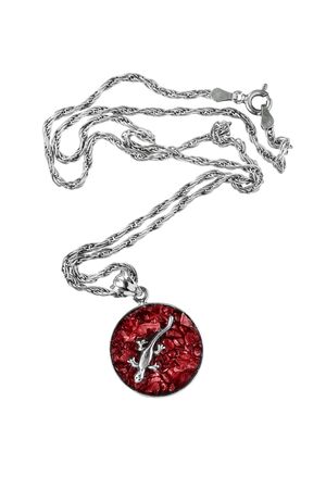 Garnet medallion with silver lizard on white backgroundの写真素材