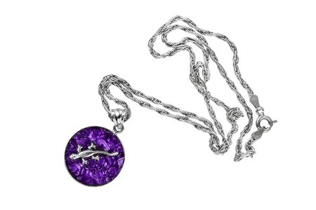 Amethyst pendant with silver lizard on white backgroundの写真素材