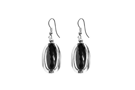 Black onyx faceted earrings isolated over whiteの写真素材