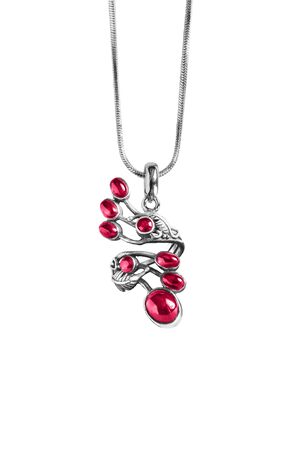 Beautiful ruby silver pendant on white backgroundの写真素材