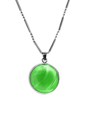 Green nephrite medallion on a chain isolated over whiteの写真素材