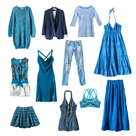 Set of blue female clothes on white backgroundの写真素材