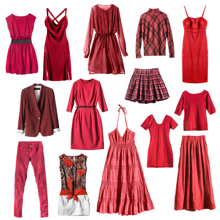 Group of red female clothes isolated over whiteの写真素材