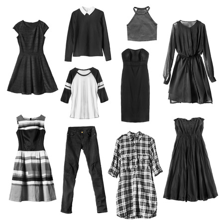 Group of black female clothes isolated over whiteの写真素材
