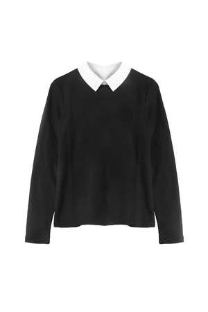 Black pullover with white collar on white backgroundの写真素材