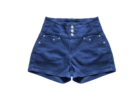 Blue denim high waist shorts on white backgroundの写真素材