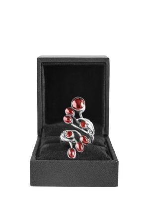 Vintage ruby ring in black box isolated over whiteの写真素材