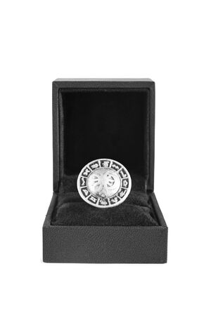 Silver zodiac brooch in black box on white backgroundの写真素材
