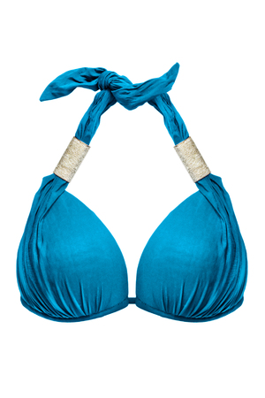 Blue bikini top with metal decor isolated over whiteの写真素材