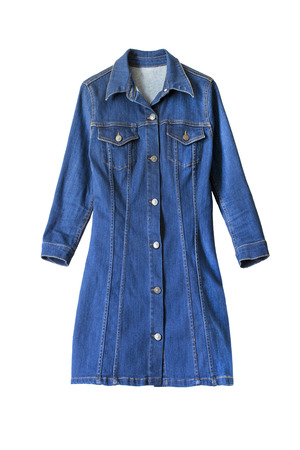 Denim blue dress with buttons isolated over whiteの写真素材