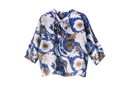 Blue silk ornamental blouse isolated over whiteの写真素材