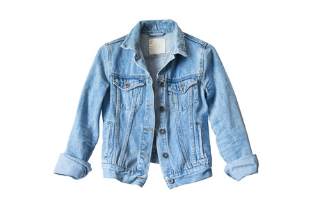 Blue denim jacket isolated over whiteの写真素材