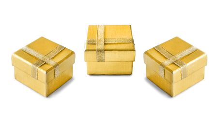 Group of golden gift boxes isolated over whiteの写真素材