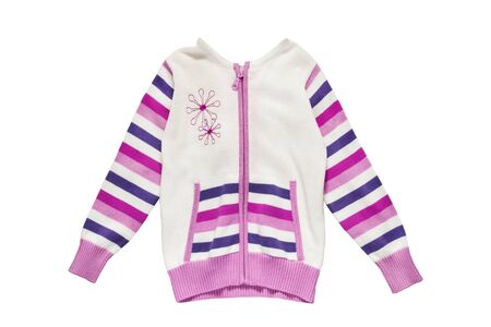 Knitted jacket with pink striped sleeves on white backgroundの写真素材
