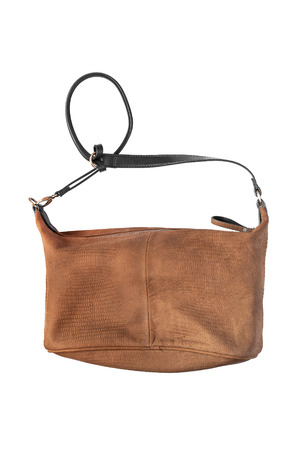Leather brown shoulder bag on white backgroundの写真素材