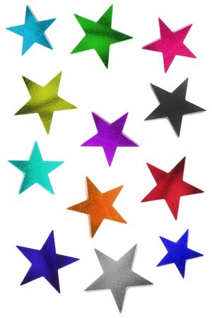 Decorative metallic colorful stars on white backgroundの写真素材