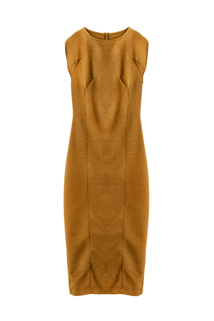 Yellow sleeveless cocktail dress isolated over whiteの写真素材